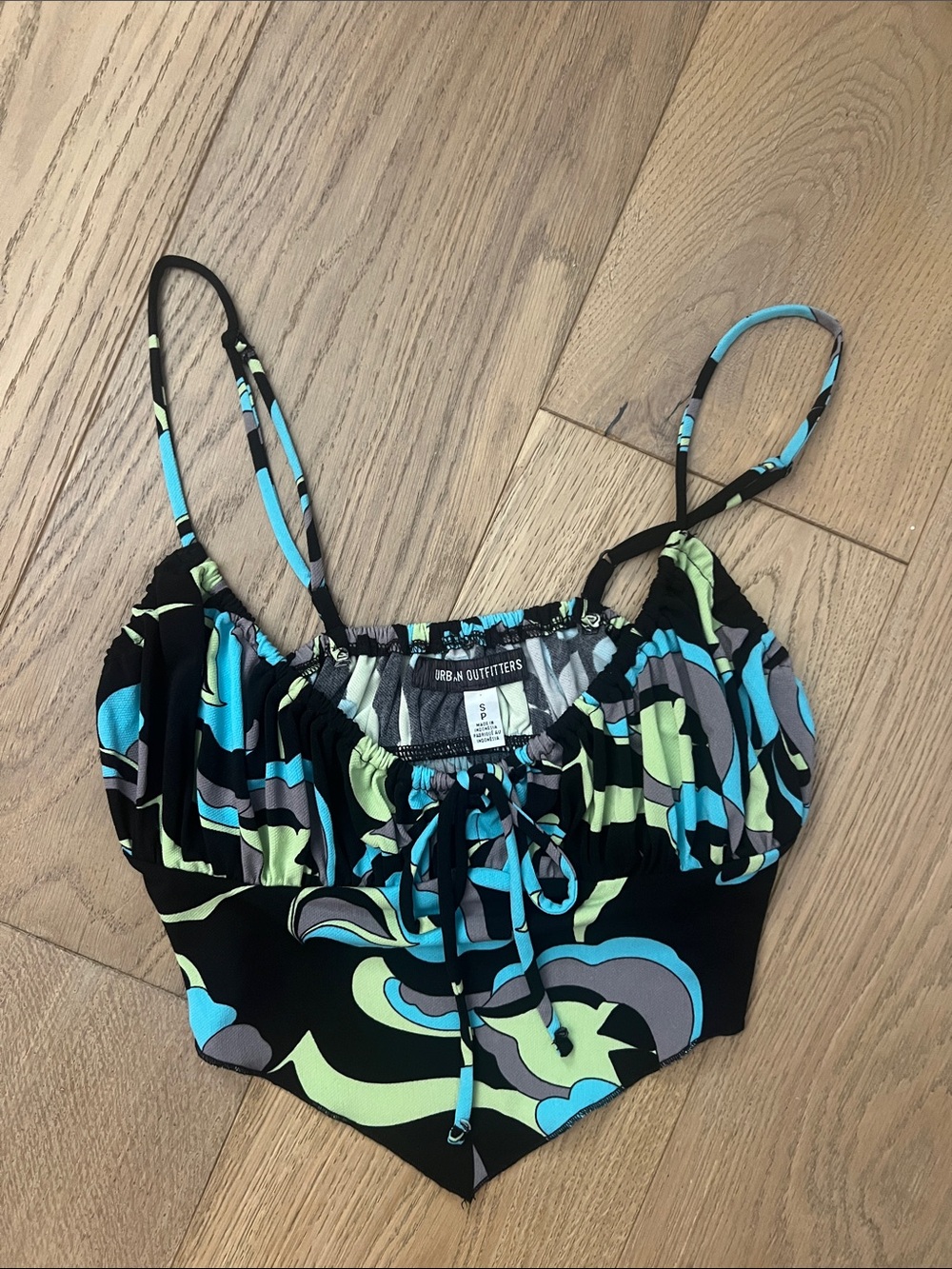 Urban Outfitters Black Crop Tank with Teal & Lime Swirl